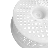 Macro close up view of the upside down base of a white plastic Davey 1000 Series small pool skimmer basket highlighting the square drainage perforations and structural rim