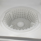 Top view looking down at a white plastic Davey 1000 Series small pool skimmer basket fully installed inside a white skimmer box housing