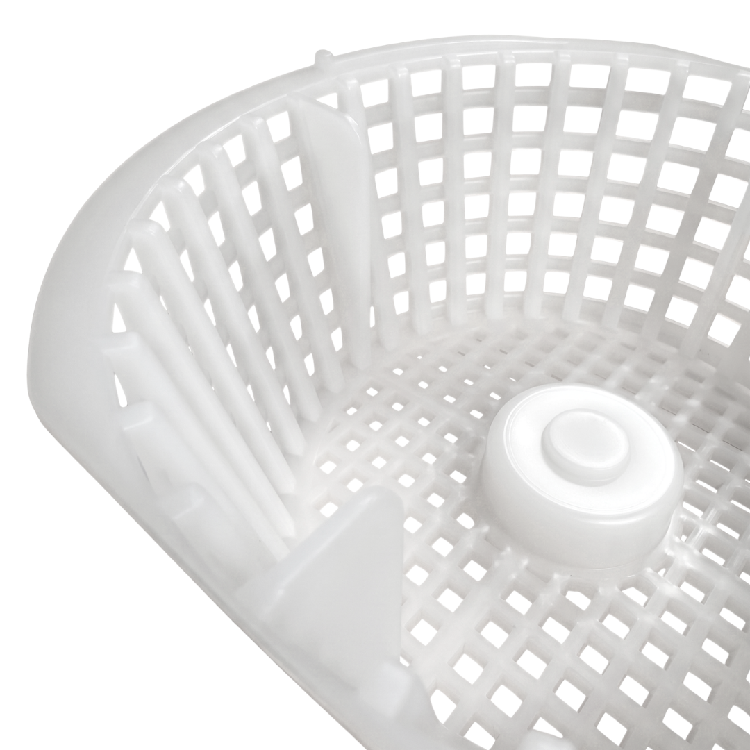 Close up macro view inside a white plastic Davey 1000 Series small pool skimmer basket highlighting the square grid mesh and integrated side alignment tabs