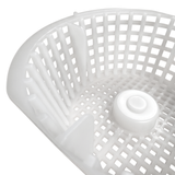 Close up macro view inside a white plastic Davey 1000 Series small pool skimmer basket highlighting the square grid mesh and integrated side alignment tabs