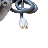 Close-up of the white 2-pin female wiring loom plug connector and coiled grey power cable for a Davey Eco Spa salt chlorinator electrolytic cell replacement.