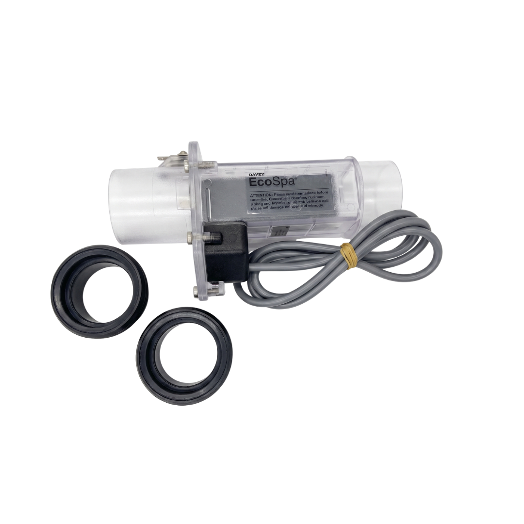 Complete replacement kit for a Davey EcoSpa salt chlorinator electrolytic cell, featuring the clear acrylic cell housing, coiled grey power lead, and two black plastic barrel unions.