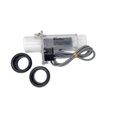 Complete replacement kit for a Davey EcoSpa salt chlorinator electrolytic cell, featuring the clear acrylic cell housing, coiled grey power lead, and two black plastic barrel unions.