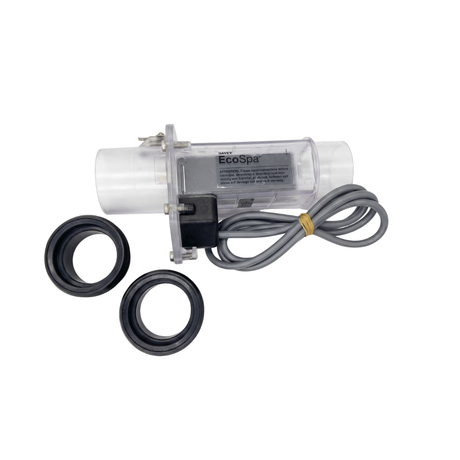 Complete replacement kit for a Davey EcoSpa salt chlorinator electrolytic cell, featuring the clear acrylic cell housing, coiled grey power lead, and two black plastic barrel unions.