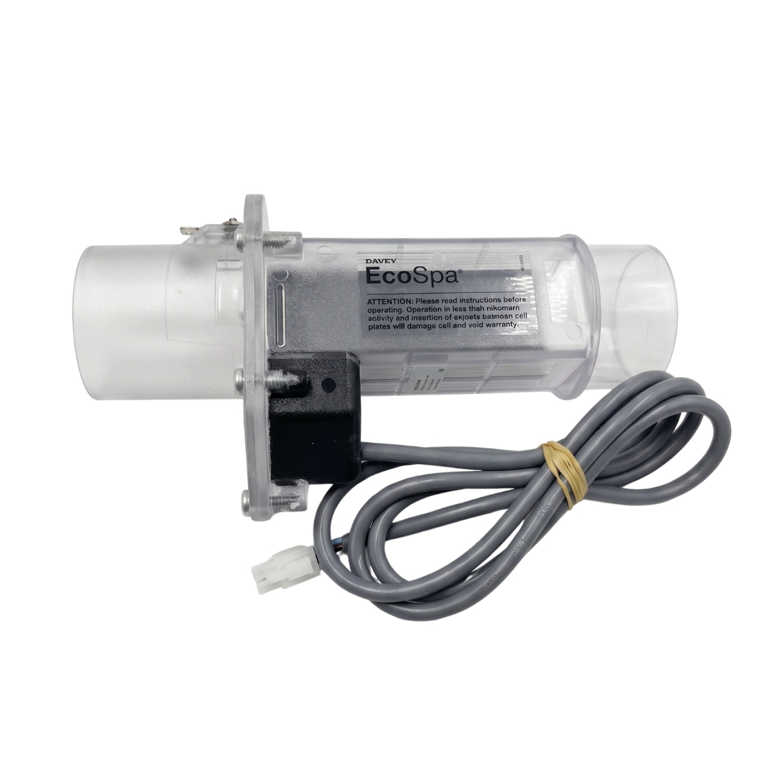 Side view of a genuine Davey EcoSpa replacement electrolytic salt cell housing, featuring a clear acrylic body with an official Davey logo label, black terminal block, and attached grey power lead with plug.