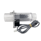 Side view of a genuine Davey EcoSpa replacement electrolytic salt cell housing, featuring a clear acrylic body with an official Davey logo label, black terminal block, and attached grey power lead with plug.