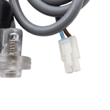 Top-down close-up of the white 2-pin electrical plug connector with blue and brown wires, attached to the grey power cord of a Davey Eco Spa salt chlorinator replacement cell.
