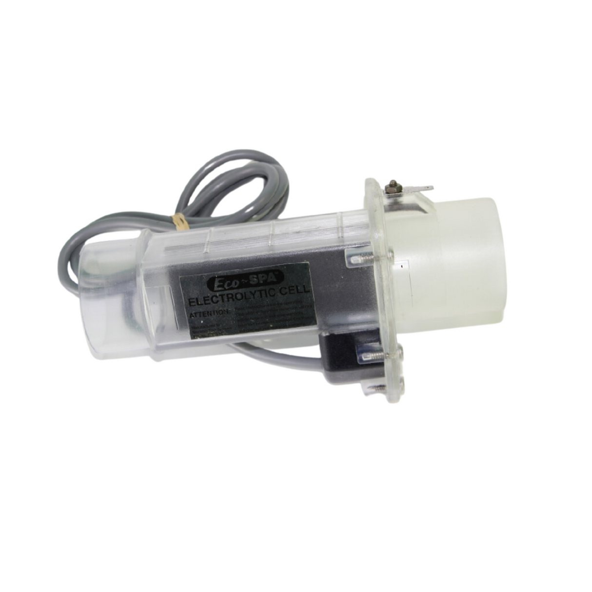 Davey Eco Spa replacement electrolytic salt cell with a clear plastic housing, black internal electrode plates, attached grey power cable, and a prominent "Eco-SPA Electrolytic Cell" product label.