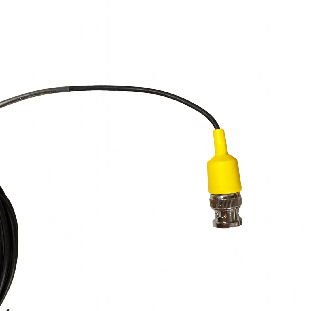 Side view close-up of the black coaxial cable and yellow protective strain relief boot on a BNC connector plug for a Davey Eco Spa salt chlorinator ORP sensor.