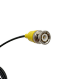 Close-up view of the male BNC plug connector with a yellow boot on the coaxial cable of a replacement ORP sensor probe for the Davey Eco Spa salt chlorinator.