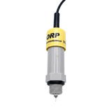 Close-up of a replacement ORP sensor probe for a Davey Eco Spa salt chlorinator, showing the exposed glass electrode tip, grey threaded fitting with rubber O-ring, and yellow collar label.