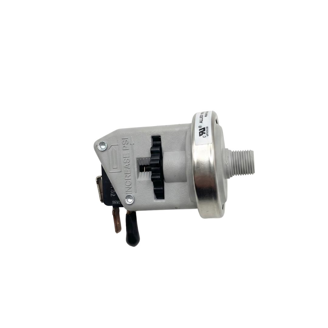 Side profile view of an adjustable pressure switch for the Davey Eco Spa salt chlorinator, showcasing the internal black adjustment wheel, "Increase PSI" markings, and terminal pins.