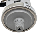 Macro close-up of the grey plastic threaded inlet pipe on a Davey Eco Spa salt chlorinator pressure switch, showing the metal collar and MH95346 certification label detail.
