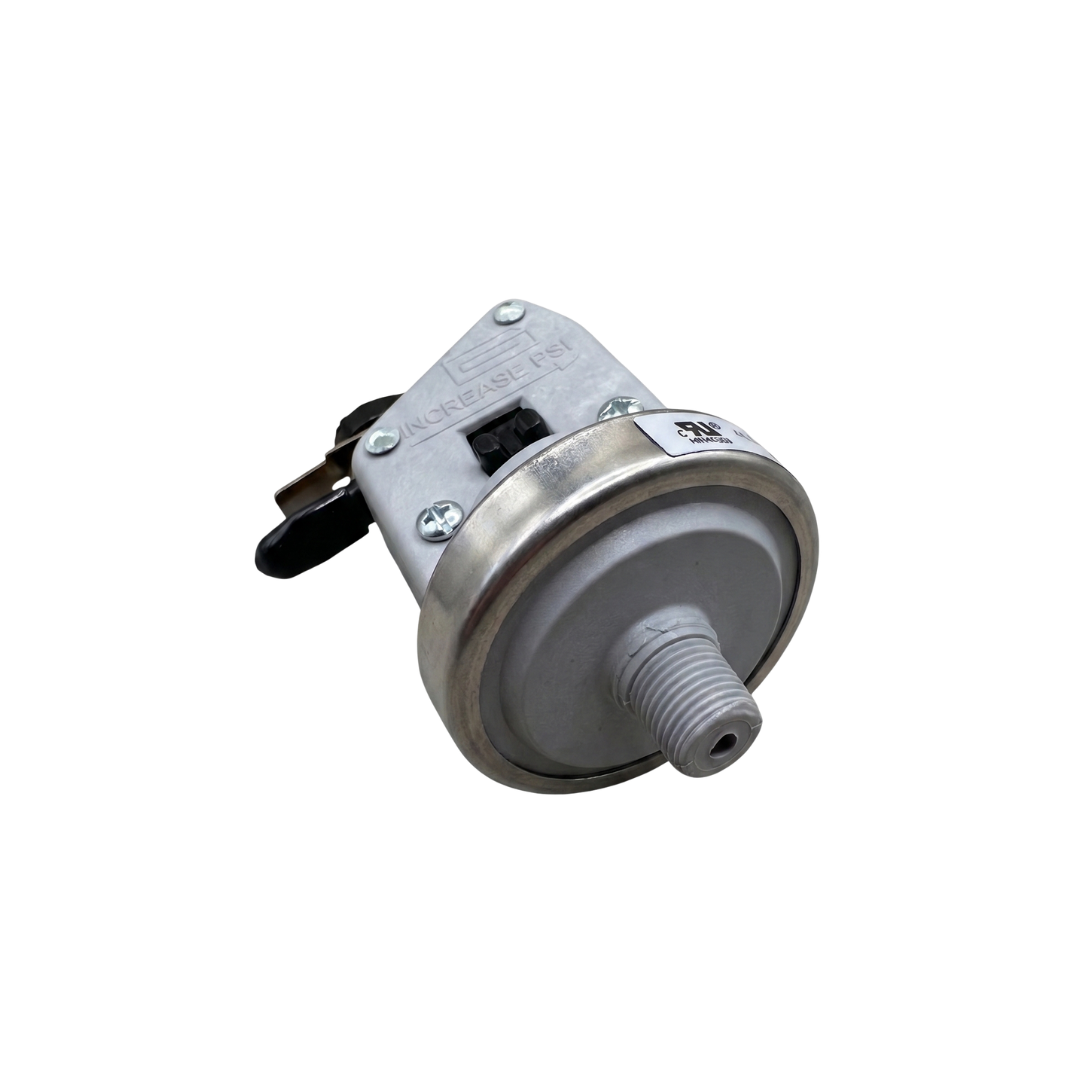 Tecmark style pressure switch for a Davey Eco Spa salt chlorinator system, featuring an adjustable grey plastic housing with an "increase PSI" arrow and a plastic threaded fitting.