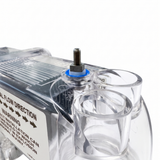 Close-up view of the threaded metal earthing post terminal with a blue sealing washer on top of a clear replacement Davey EcoSalt saltwater chlorinator cell.