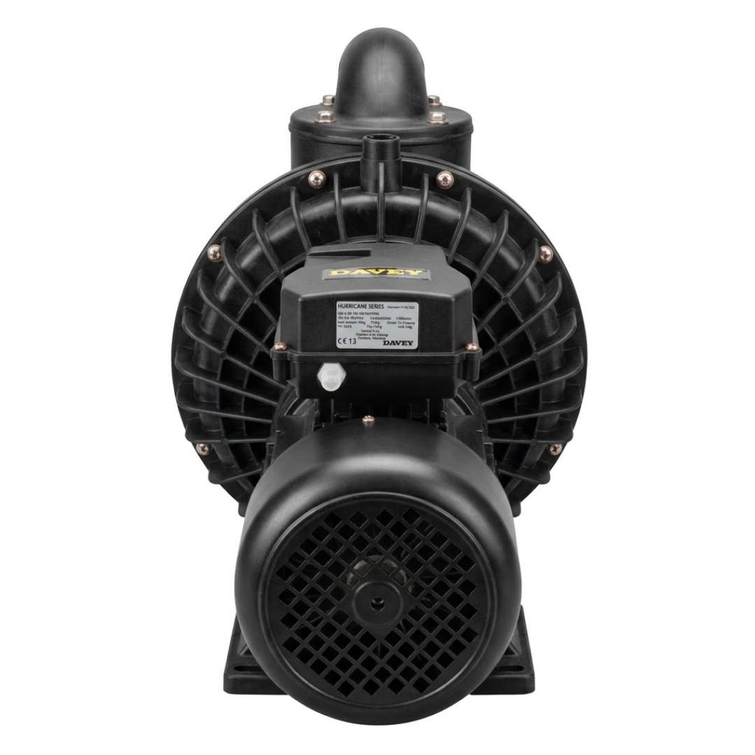 Direct rear studio view of a Davey Hurricane H300M Turbo 15A spa pump, showing the cylindrical motor casing with fan guard, Hurricane Series specification label on the junction box, circular reinforced wet end housing, and top outlet flange isolated on white.