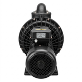 Direct rear studio view of a Davey Hurricane H300M Turbo 15A spa pump, showing the cylindrical motor casing with fan guard, Hurricane Series specification label on the junction box, circular reinforced wet end housing, and top outlet flange isolated on white.