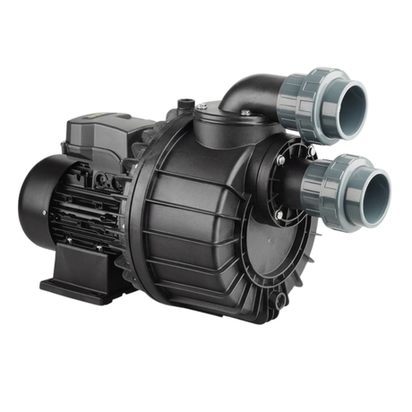 Three-quarter front studio view of a Davey Hurricane H300M Turbo 15A spa pump, showing the large circular wet end casing, top angled discharge elbow, front suction port, dual grey quick-connect barrel unions, and black motor body isolated on white.