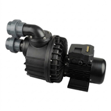 Three-quarter rear studio view of a Davey Hurricane H300M Turbo 15A spa pump, showing the Davey branded electrical terminal box, ribbed motor casing, wet end housing flange, and dual grey quick-connect barrel unions isolated on white.