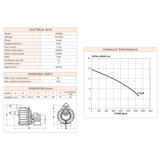 Technical specification graphic for the Davey Hurricane H300M Turbo spa pump, displaying tables for Electrical Data, Operating Limits, and Dimensions with line drawings alongside a Hydraulic Performance curve chart isolated on white.