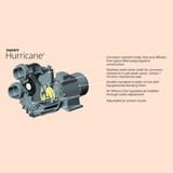 Cutaway anatomical graphic of a Davey Hurricane spa pump highlighting key internal components and features, including glass-filled polypropylene construction, stainless steel motor shaft, carbon/ceramic mechanical seal, double insulation with equipotential bonding point, air mixture dial, and adjustable jet stream nozzle on a light peach background.