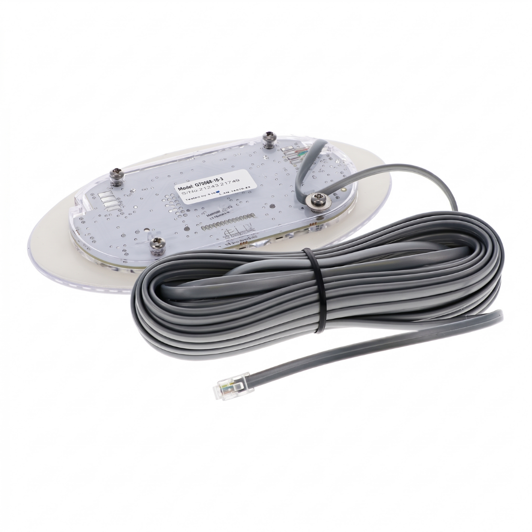Rear view of a replacement Davey SP1200 oval hot tub touchpad controller, showcasing the sealed internal circuit board housing with model sticker Q70068-10-3, and a long coiled grey connection cable with an RJ45 data plug.