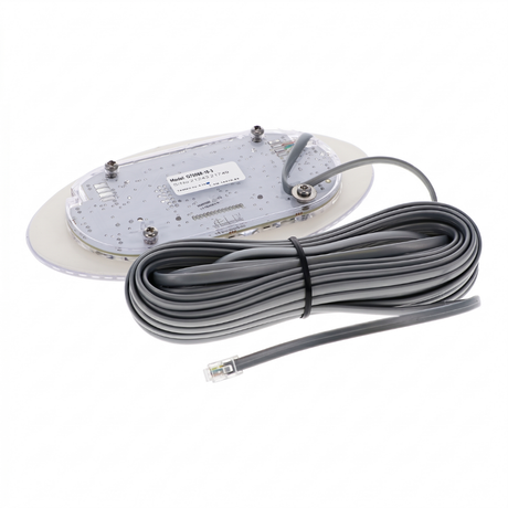 Rear view of a replacement Davey SP1200 oval hot tub touchpad controller, showcasing the sealed internal circuit board housing with model sticker Q70068-10-3, and a long coiled grey connection cable with an RJ45 data plug.