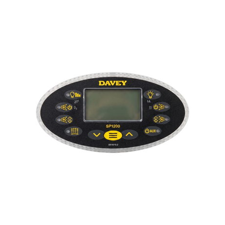 Front view of an oval Davey SP1200 spa touchpad controller panel featuring a black graphic overlay decal, central digital LCD display window, yellow and black selection buttons, and yellow Davey branding text.