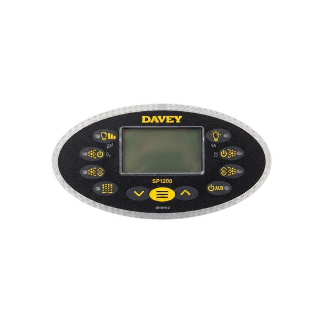 Front view of an oval Davey SP1200 spa touchpad controller panel featuring a black graphic overlay decal, central digital LCD display window, yellow and black selection buttons, and yellow Davey branding text.
