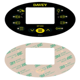 Dual view showing the front and back of a replacement graphic overlay sticker decal for a Davey SP1200 oval spa touchpad controller, displaying the front interface design with yellow markings next to the rear 3M 467MP 200MP adhesive backing paper.
