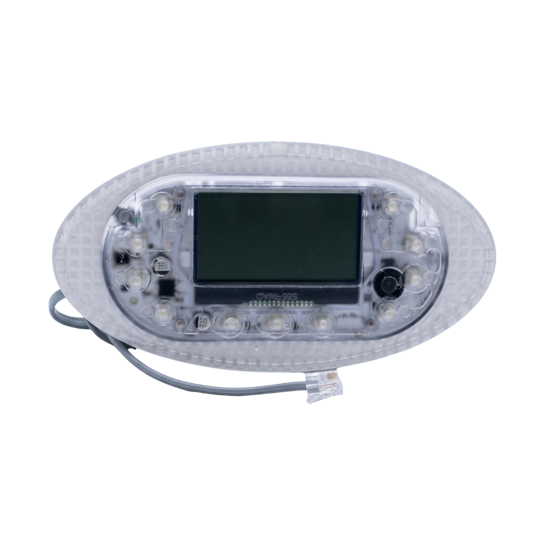 Front view of a replacement Davey SP1200 oval hot tub touchpad controller without its graphic overlay sticker, showing the clear plastic casing, exposed internal circuit board with LED button contacts, central digital LCD display window, and attached data cable plug.