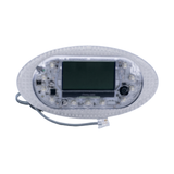 Front view of a replacement Davey SP1200 oval hot tub touchpad controller without its graphic overlay sticker, showing the clear plastic casing, exposed internal circuit board with LED button contacts, central digital LCD display window, and attached data cable plug.
