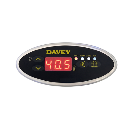 Front view of a Davey SP601 oval spa pool touchpad controller with an active red LED digital screen reading 40.5, yellow up and down temperature arrows, and status indicator lights for Heat, Pump, Auto, and Air.
