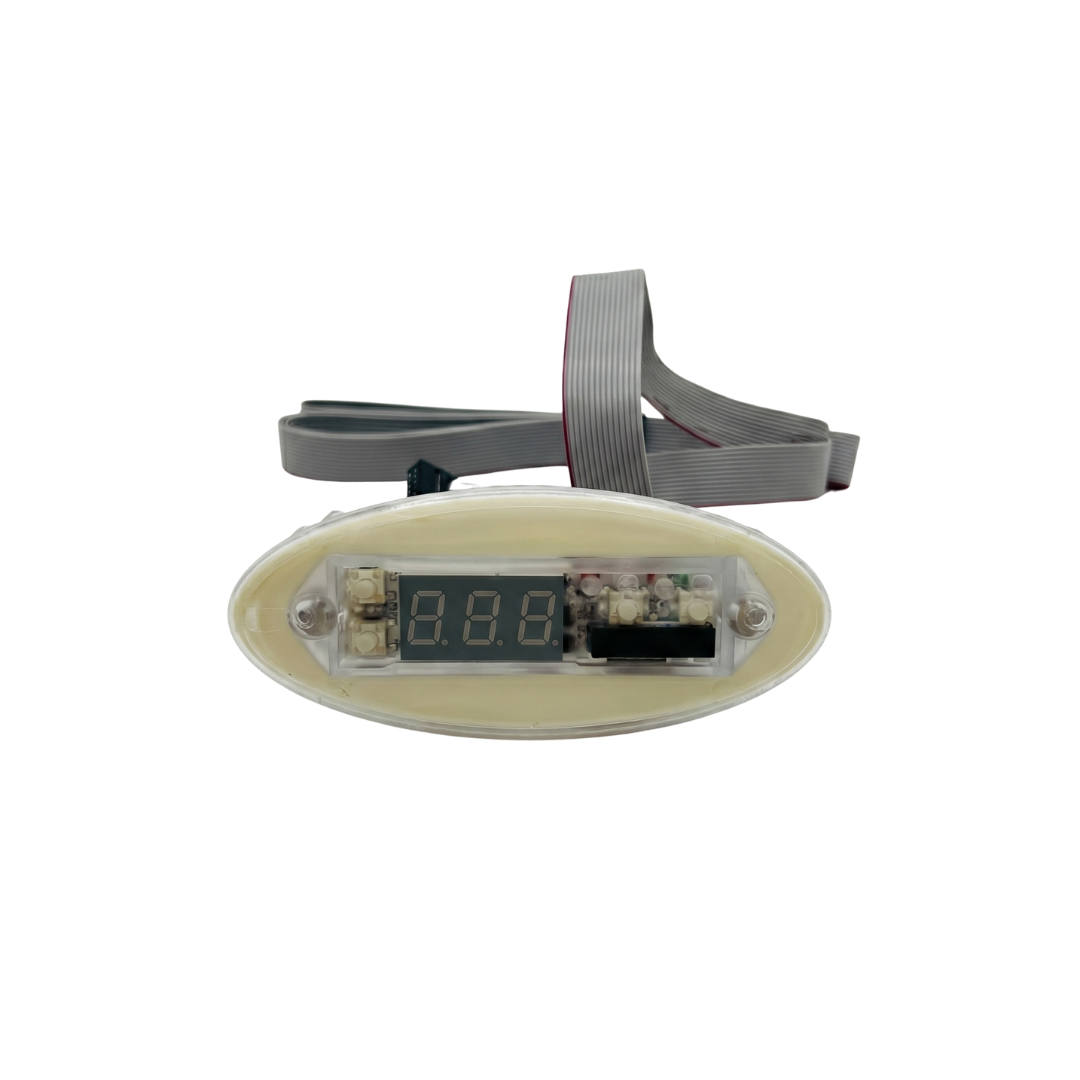 Front view of a bare Davey SP601 oval spa controller touchpad unit before the overlay graphic sticker is applied, showing the clear plastic casing, microswitch buttons, internal 3-digit LED screen component, and attached grey ribbon cable.