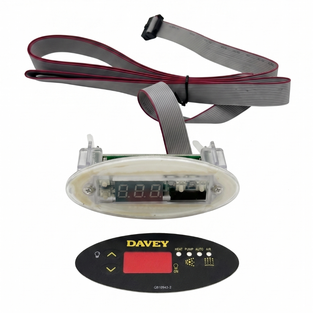 A full replacement kit for a Davey SP601 oval spa controller touchpad, including the bare clear plastic housing unit with a ribbon cable assembly and an unattached black Davey branded overlay decal faceplate below it.