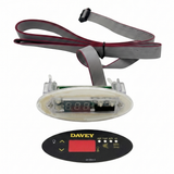 A full replacement kit for a Davey SP601 oval spa controller touchpad, including the bare clear plastic housing unit with a ribbon cable assembly and an unattached black Davey branded overlay decal faceplate below it.