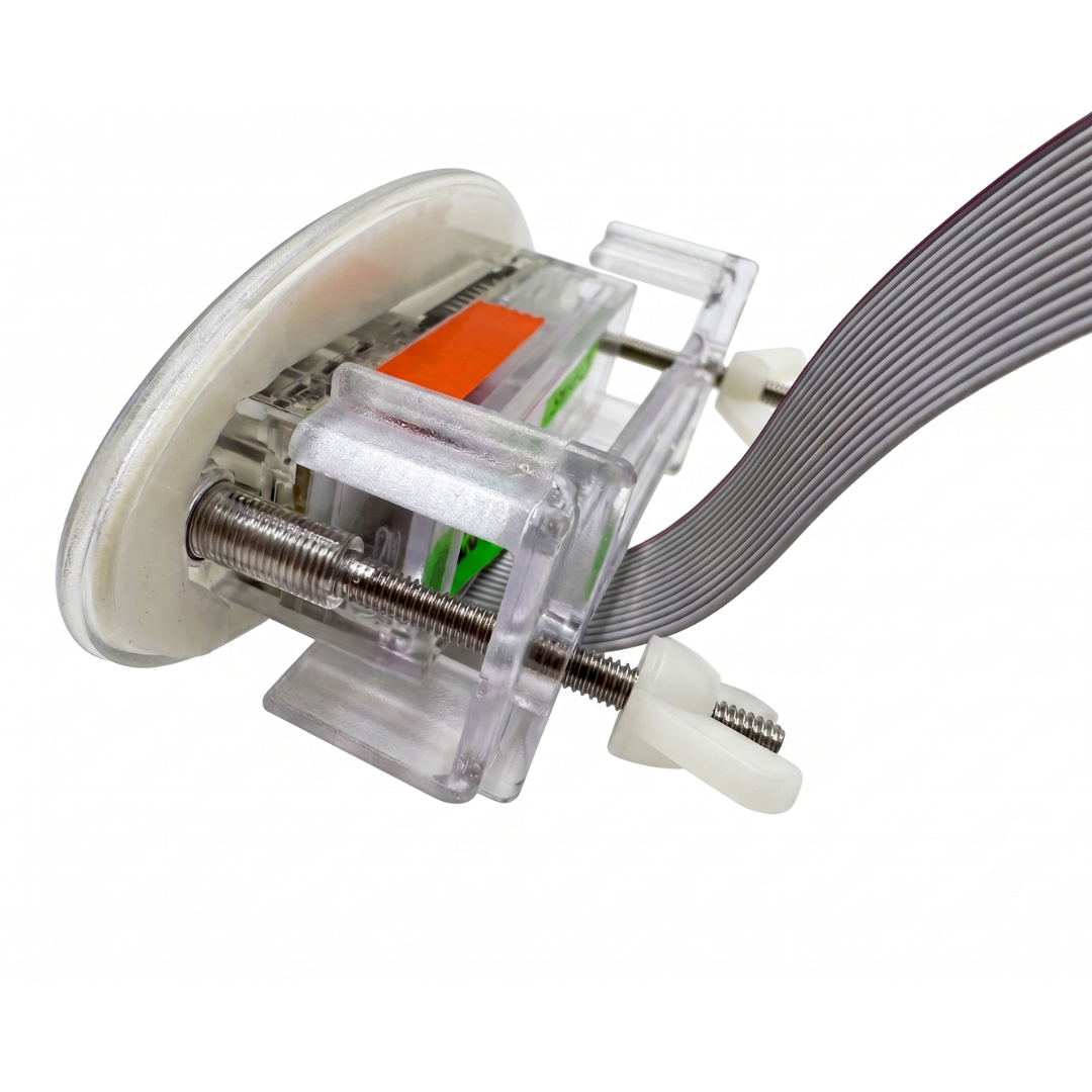 Side profile view of a Davey SP601 oval spa controller touchpad showing the clear plastic rear housing assembly, threaded mounting metal bolts with a white plastic wing nut, and a grey ribbon interface cable.