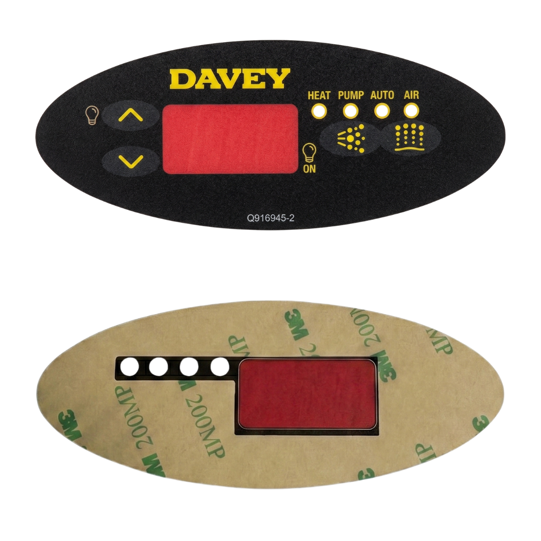 Front and back view of a replacement oval decal sticker overlay for a Davey SP601 spa controller keypad, showing the branded black control graphic faceplate alongside its brown 3M 200MP adhesive backing layer.