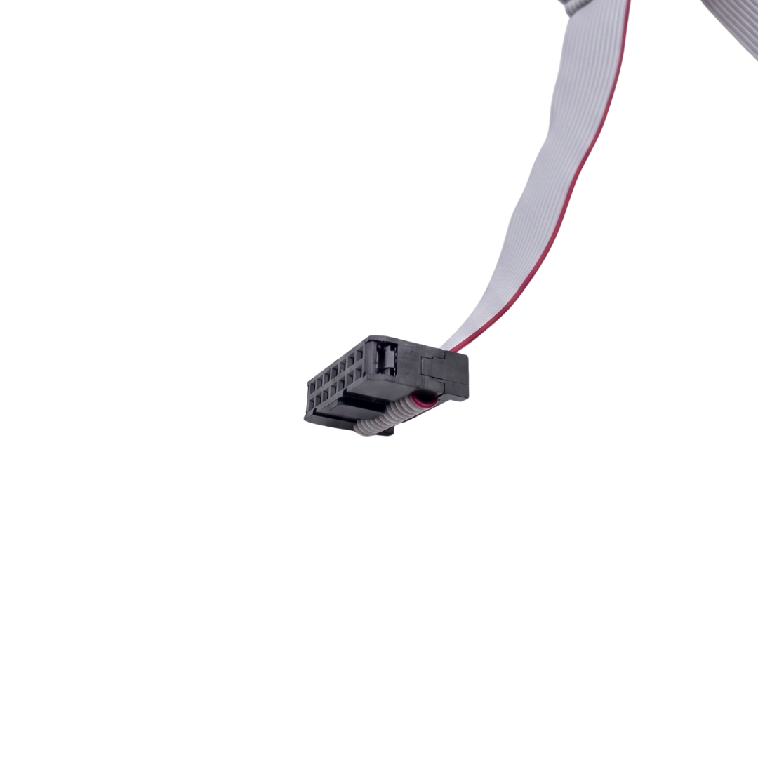 Close-up view of the black multi-pin female terminal plug on the end of a grey flat ribbon data cable, used for connecting a Davey SP601 spa touchpad to the controller board.