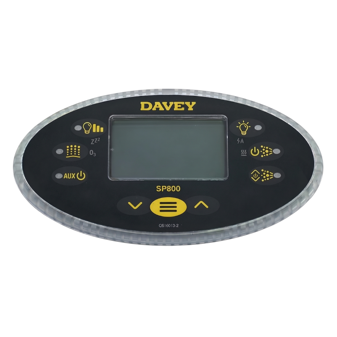 Front angled view of an oval Davey SP800 spa touchpad controller panel featuring a black graphic overlay decal, central digital LCD display window, yellow and black selection buttons, and yellow Davey branding text.