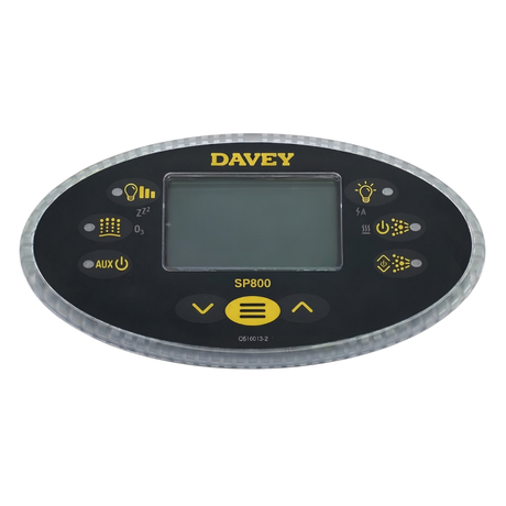 Front angled view of an oval Davey SP800 spa touchpad controller panel featuring a black graphic overlay decal, central digital LCD display window, yellow and black selection buttons, and yellow Davey branding text.