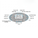 An instructional interface diagram for the Spa-Power SP1200 oval touchpad controller, using blue indicator arrows to label functions including light levels, pump configurations, variable speed blower, heating indicators, and scroll navigation keys.