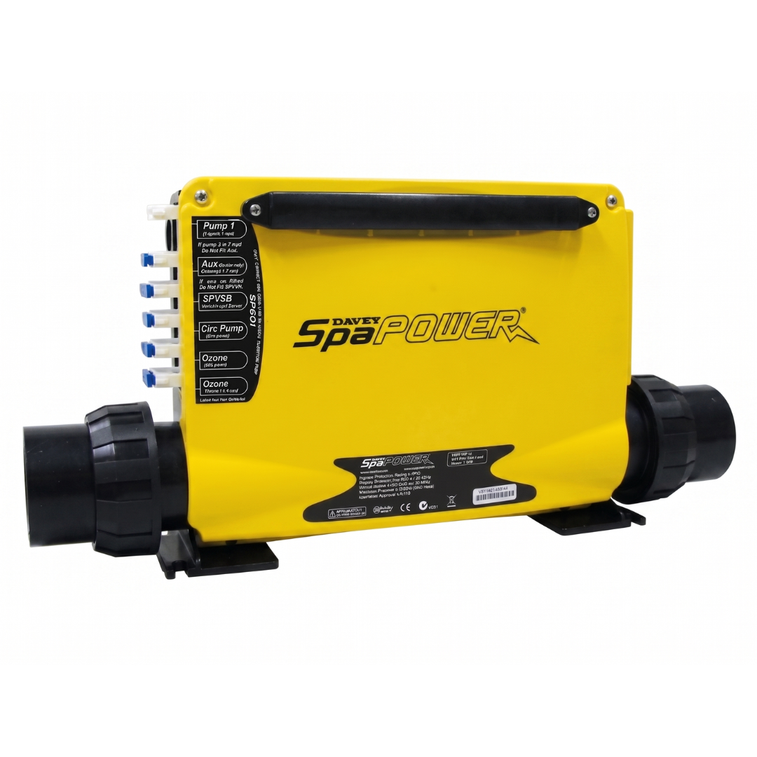 A side-angle product view of the yellow Davey Spa Power SP601 spa heater controller pack, highlighting the black plumbing barrel unions and labeled terminal plug outlets on the left for Pump 1, Aux, SPVSB, Circ Pump, and Ozone equipment.