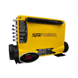 A yellow Davey Spa Power SP601 2kW 15-amp spa controller box featuring an attached oval digital touchpad keypad, side plumbing heater unions, and a labeled port connection strip for Pump 1, Aux, Circ Pump, and Ozone systems.