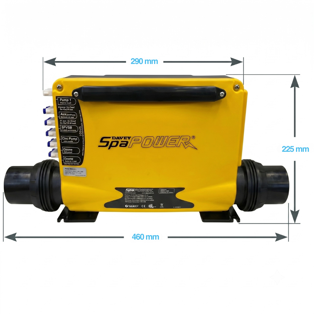 Front view technical dimension diagram of a yellow Davey Spa Power SP601 controller pack, indicating a casing width of 290 mm, a total plumbing-to-plumbing width of 460 mm, and a total unit height of 225 mm.