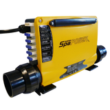 An angled side view of a yellow Davey Spa Power SP601 control pack box showing black plumbing barrel unions, a power cord connection, and side port terminals labeled for Pump 1, Aux, SPVSB, Circ Pump, Ozone, and Heating systems.