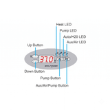 An instructional label diagram for the Davey Spa Power SP601 oval touchpad, with lines identifying the Up and Down temperature buttons, the digital display, Heat, Pump, Auto, and Aux indicator LEDs, and physical control buttons.