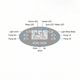 An instructional interface configuration diagram for the Spa-Power SP800 oval touchpad controller, using blue indicators to label button layout operations including light levels, pump combinations, up down menu navigation, and heater status lights.