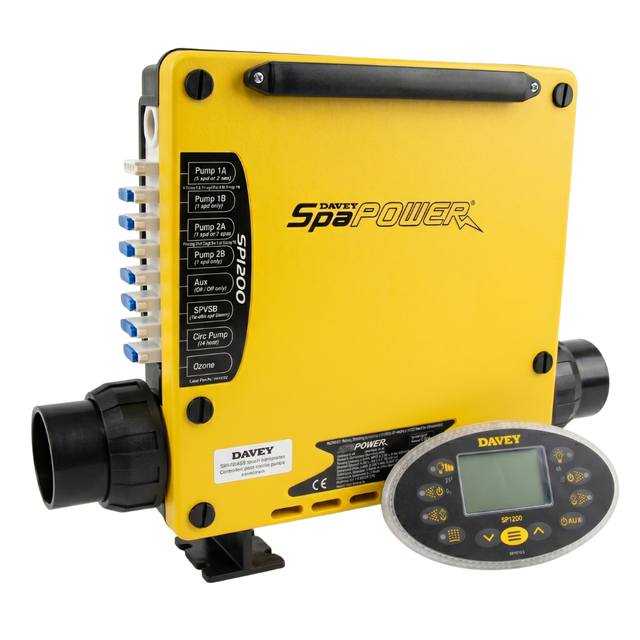 A yellow Davey SpaPower SP1200 3.5kW 40amp multiphase spa controller pack with black barrel unions, showing a side row of AMP plug sockets next to its matching oval digital touchpad display panel.