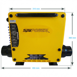 A technical dimension diagram for the yellow Davey SpaPower SP1200 controller, showing measurements of 310mm for the main casing width, 360mm total height, and 455mm total width including the heater barrel union pipe connections.